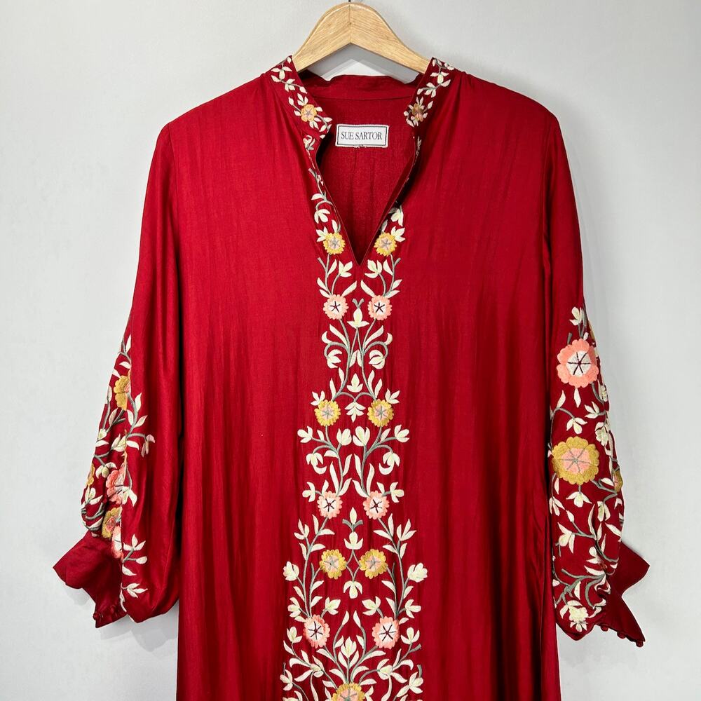 Sue Sartor Silk Moroccan Band Collar Kaftan / Maxi Dress in Cinnabar Red,  Sz L - Picture 6 of 16